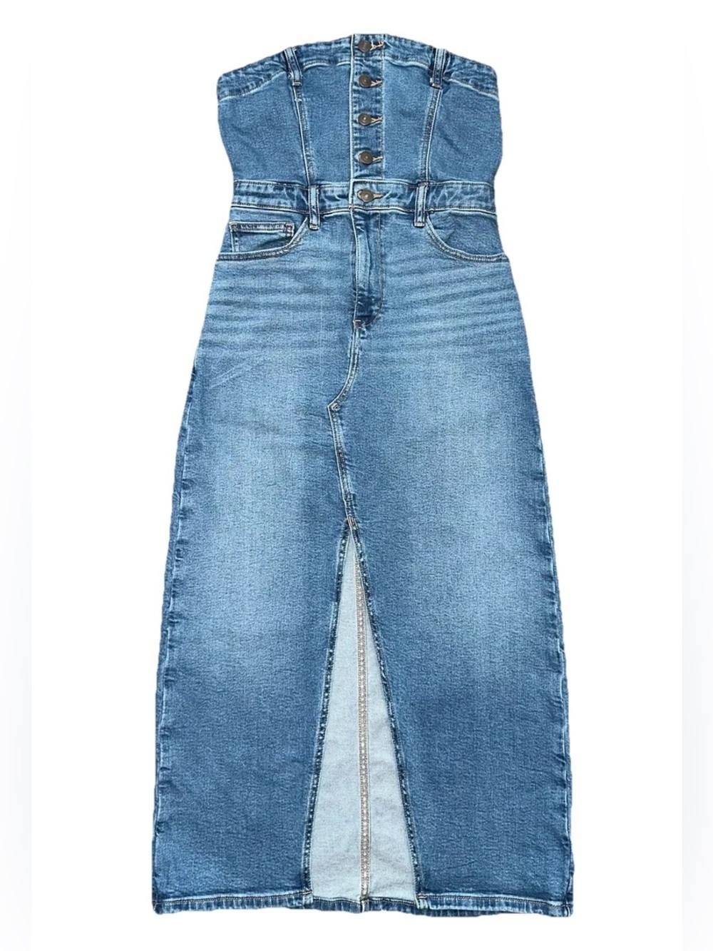 ✨ American Eagle Strapless Denim Midi Dress Blue Corset Button Front Size 10